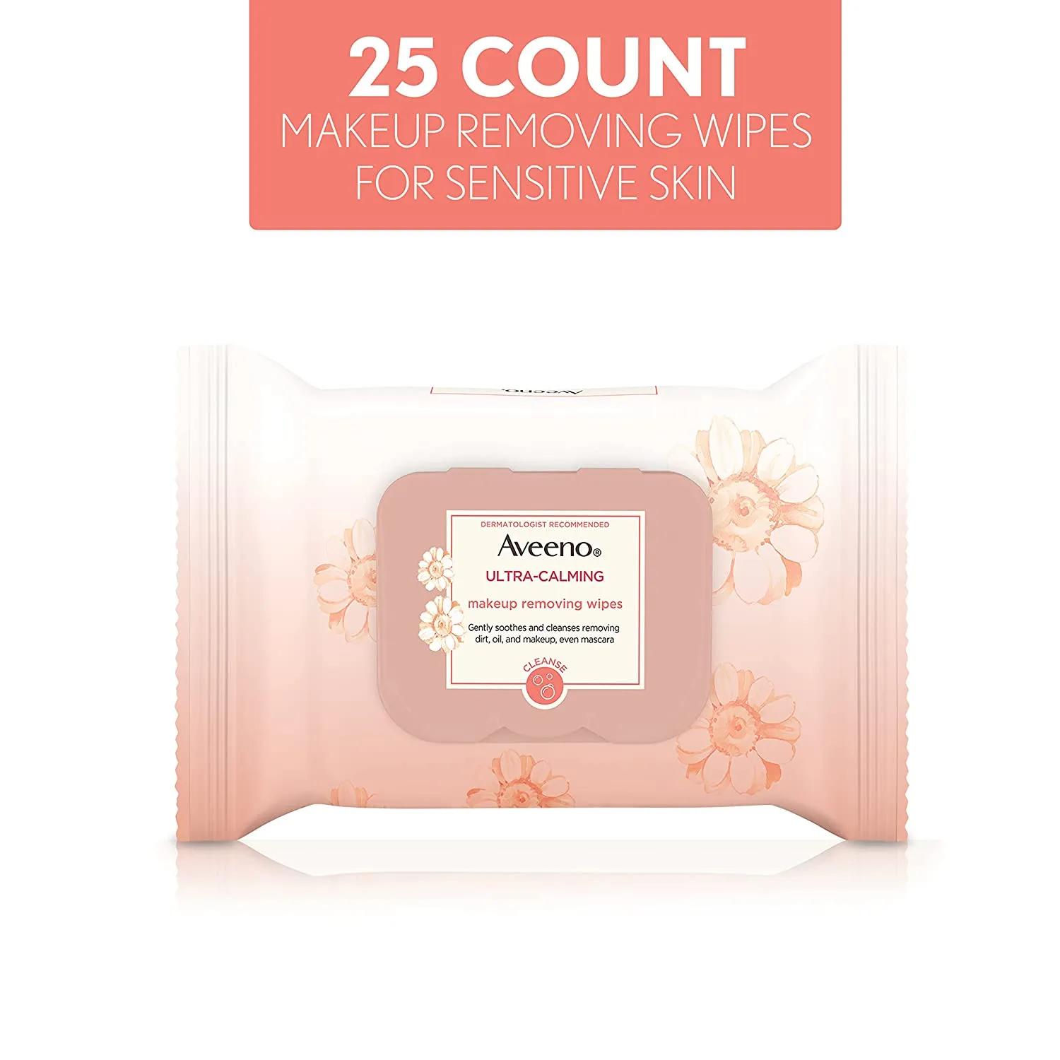 Aveeno Ultra-Calming Makeup Removing Facial Cleansing Wipes with Calming Feverfew Extract, Oil-Free Soothing Face Wipes for Sensitive Skin, Nourishing, Gentle & Non-Comedogenic, 25 Ct