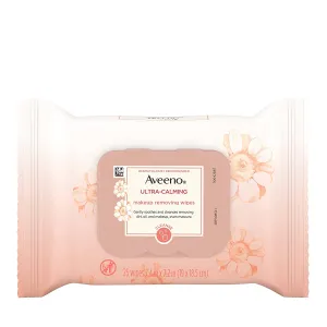 Aveeno Ultra-Calming Makeup Removing Facial Cleansing Wipes with Calming Feverfew Extract, Oil-Free Soothing Face Wipes for Sensitive Skin, Nourishing, Gentle & Non-Comedogenic, 25 Ct