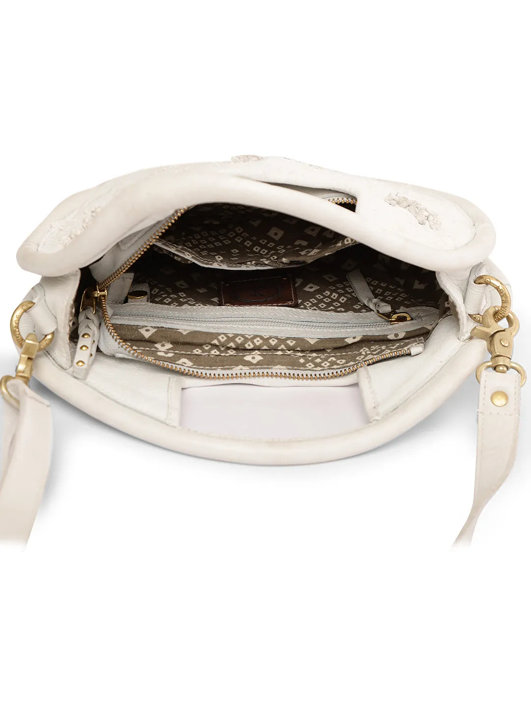 Floral Bliss: Round White Leather Handbag with Flower Embroidery