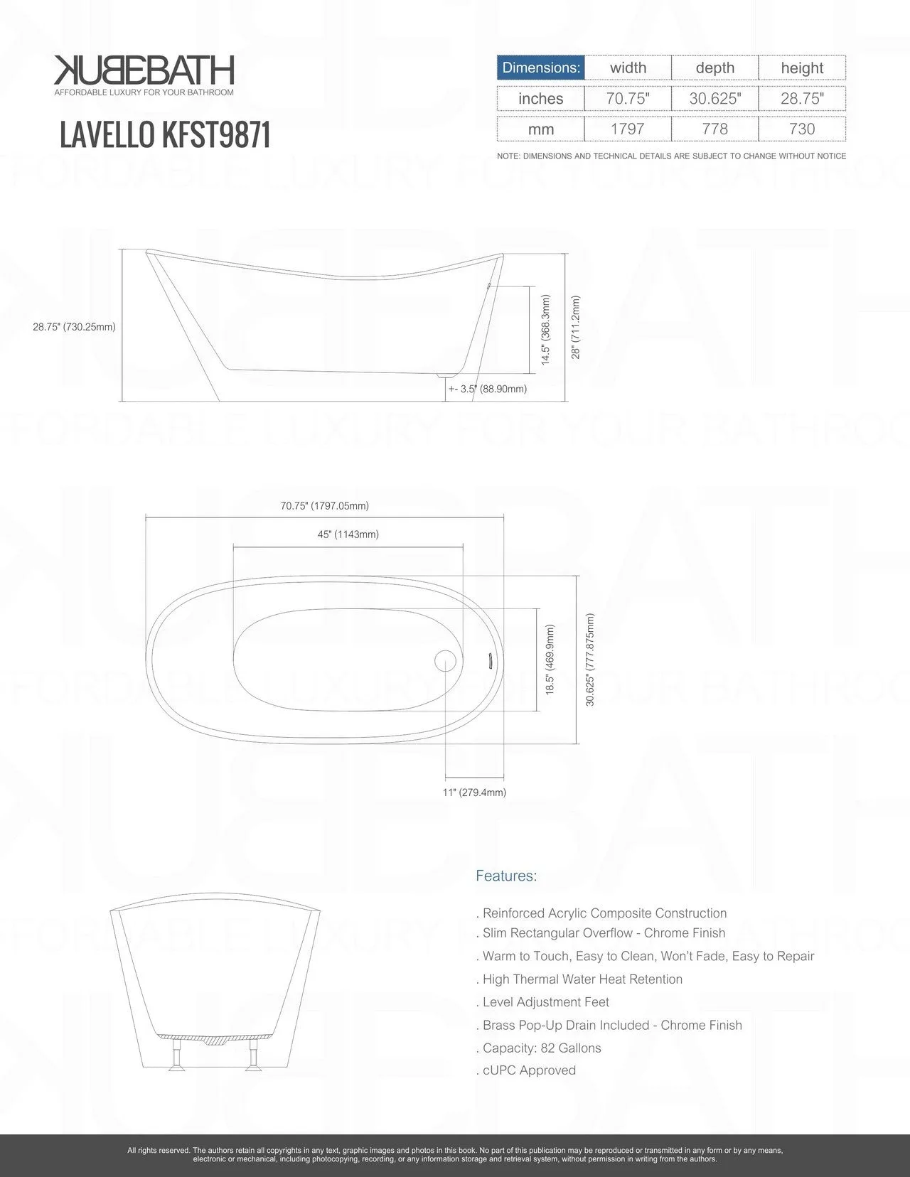 Kube Lavello 71" Free Standing Bathtub