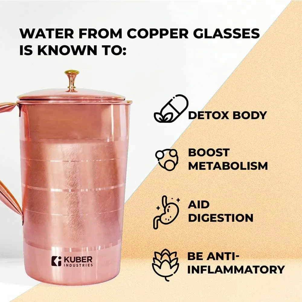 Kuber Industries 1500ml Copper Jug with Lid | BPA Free, Non Toxic, Copper | Rustproof, Durable, Lightweight | with Added Health Benefits of Copper | Ergonomic Design, Easy to Clean | 1.5 L (Pack Of 2)