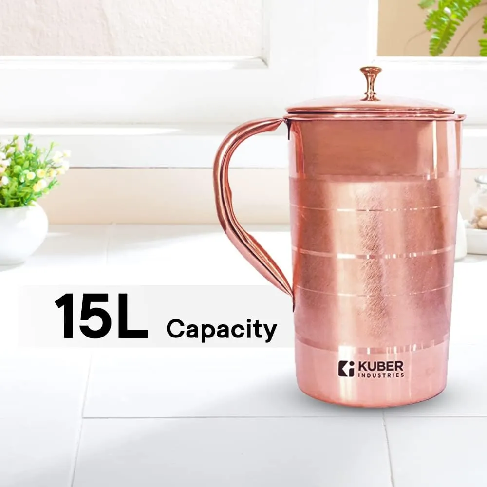 Kuber Industries 1500ml Copper Jug with Lid | BPA Free, Non Toxic, Copper | Rustproof, Durable, Lightweight | with Added Health Benefits of Copper | Ergonomic Design, Easy to Clean | 1.5 L (Pack Of 2)