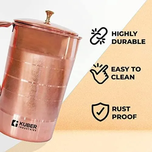 Kuber Industries 1500ml Copper Jug with Lid | BPA Free, Non Toxic, Copper | Rustproof, Durable, Lightweight | with Added Health Benefits of Copper | Ergonomic Design, Easy to Clean | 1.5 L (Pack Of 2)