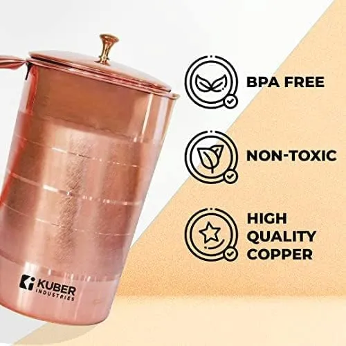 Kuber Industries 1500ml Copper Jug with Lid | BPA Free, Non Toxic, Copper | Rustproof, Durable, Lightweight | with Added Health Benefits of Copper | Ergonomic Design, Easy to Clean | 1.5 L (Pack Of 2)