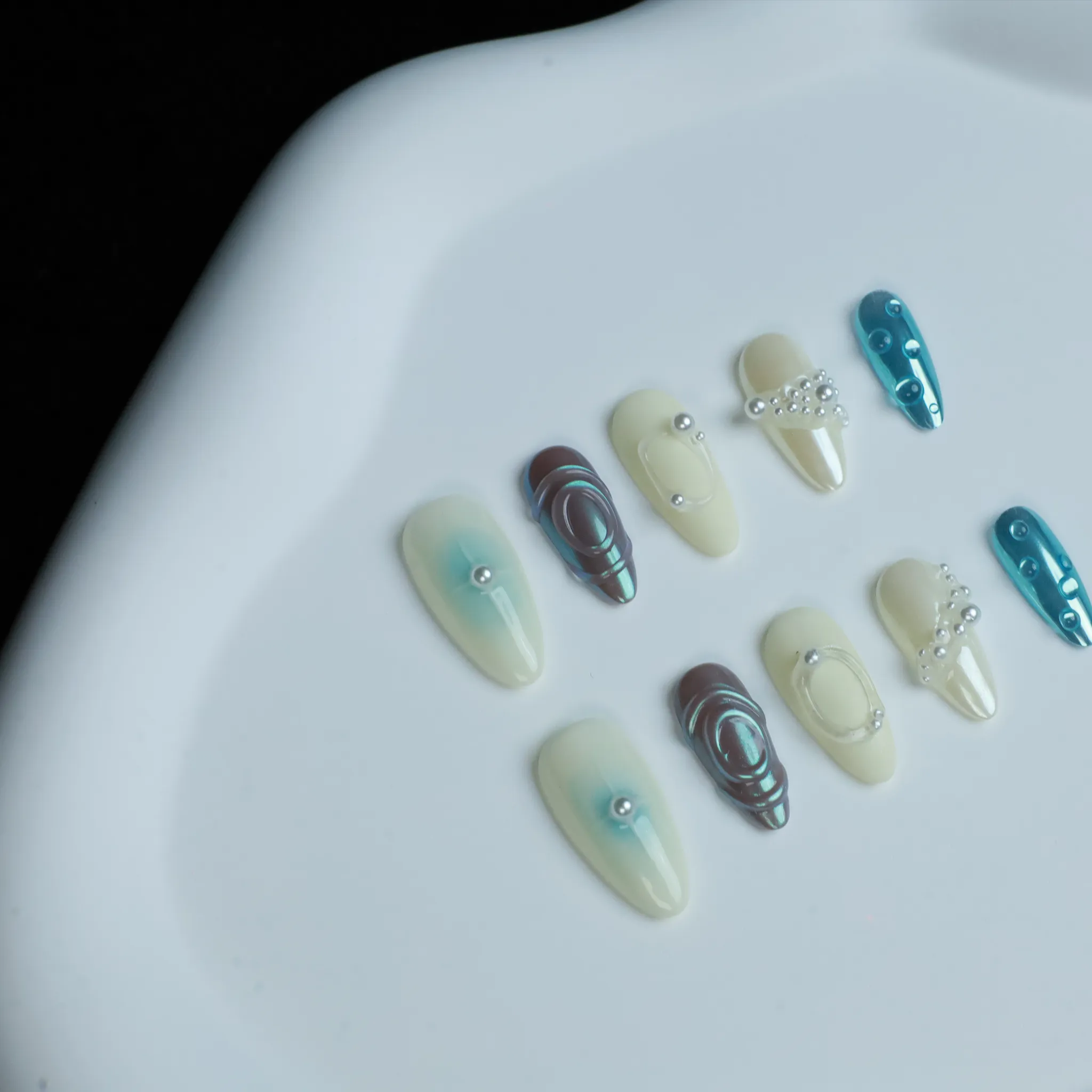 Ocean Mist Elegance Press On Nails | 3D Pearl and rings nail | Short Almond｜Handmade Nails, Reusable nails, Fake Nails,Gel Nails