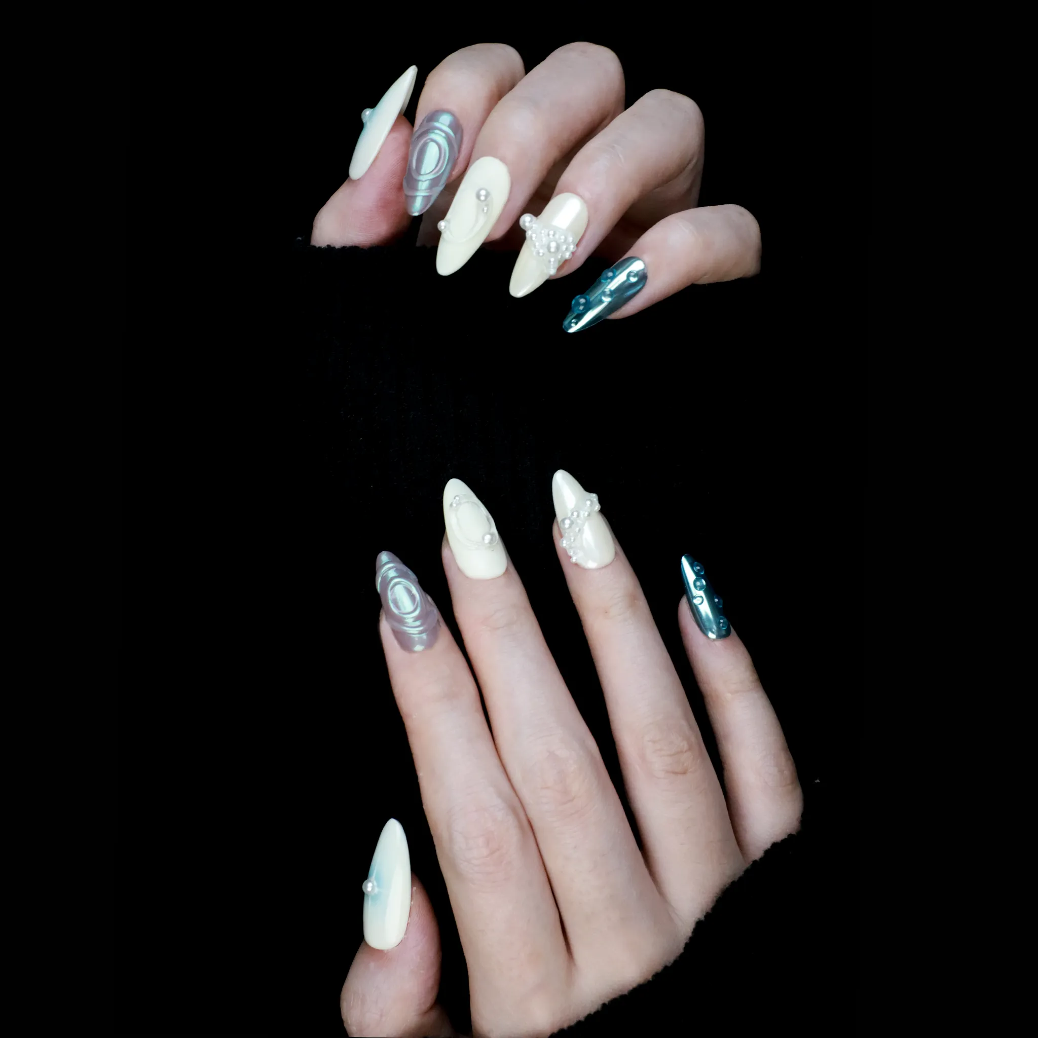 Ocean Mist Elegance Press On Nails | 3D Pearl and rings nail | Short Almond｜Handmade Nails, Reusable nails, Fake Nails,Gel Nails